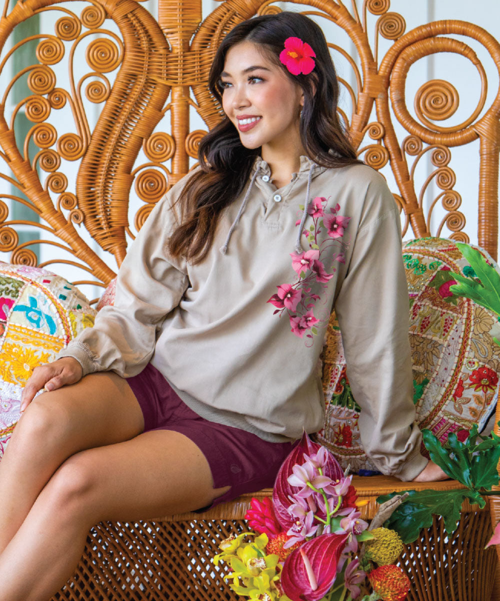 Bougainvillea Vines - Kona Coffee Dyed Long Sleeve Lightweight Pullover 2 Bougainvillea Vines - Kona Coffee Dyed Long Sleeve Lightweight Pullover