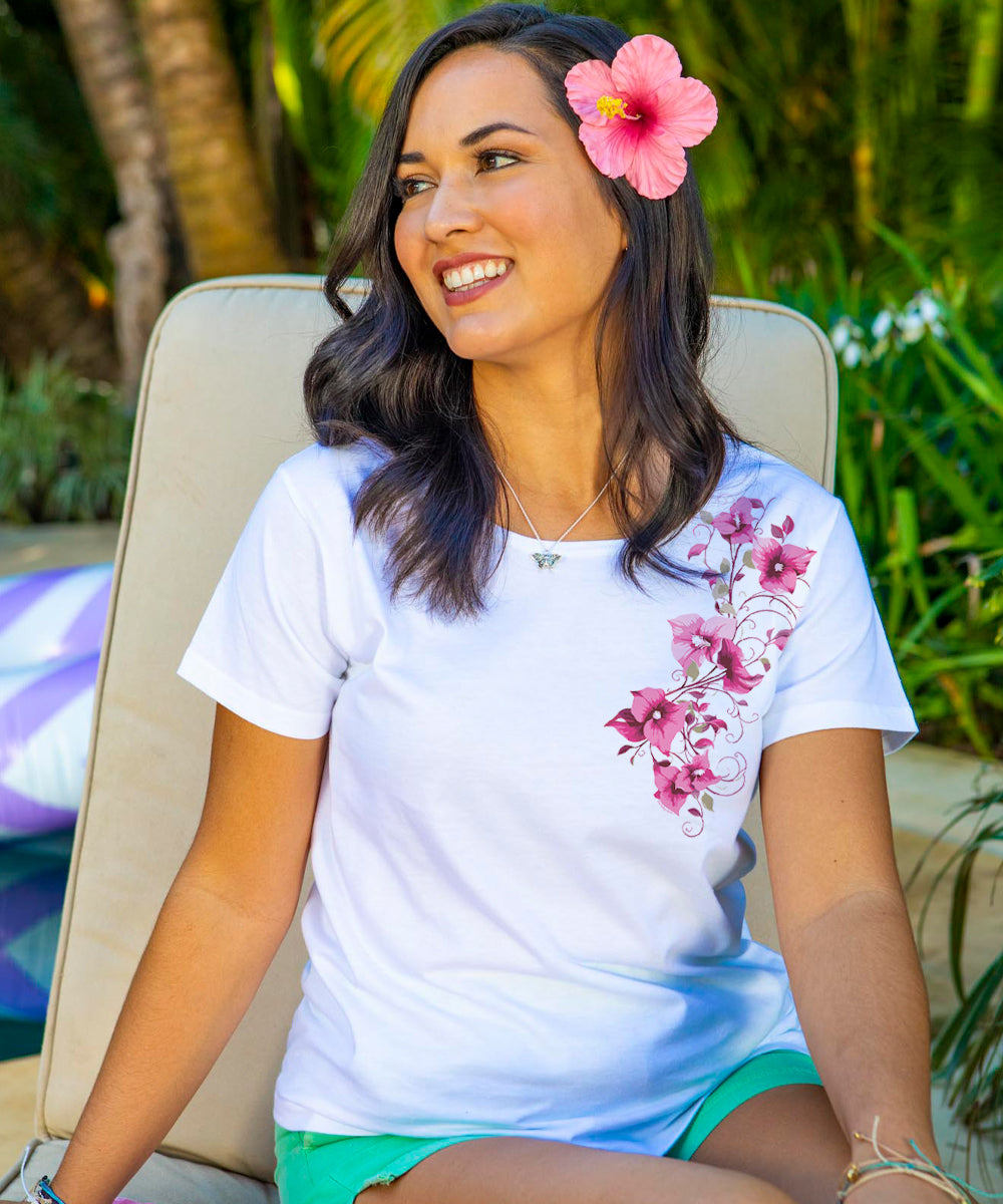 Bougainvillea Vines - White Short Sleeve Scoop Neck T-Shirt 2 Bougainvillea Vines - White Short Sleeve Scoop Neck T-Shirt