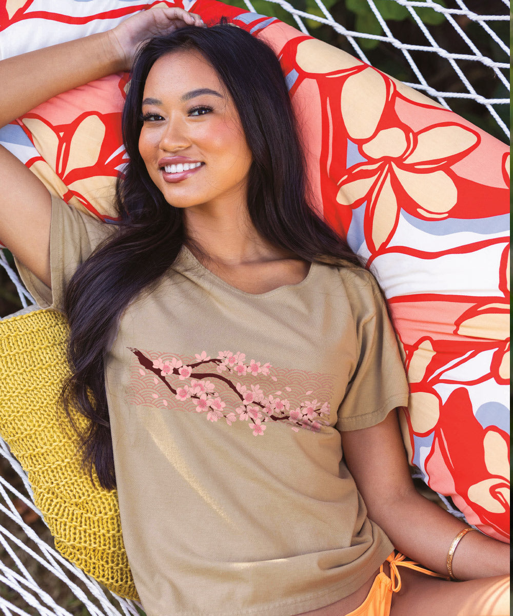 Cherry Blossom Branch - Kona Coffee Dyed Short Sleeve Scoop Neck T-Shirt 2 Cherry Blossom Branch - Kona Coffee Dyed Short Sleeve Scoop Neck T-Shirt