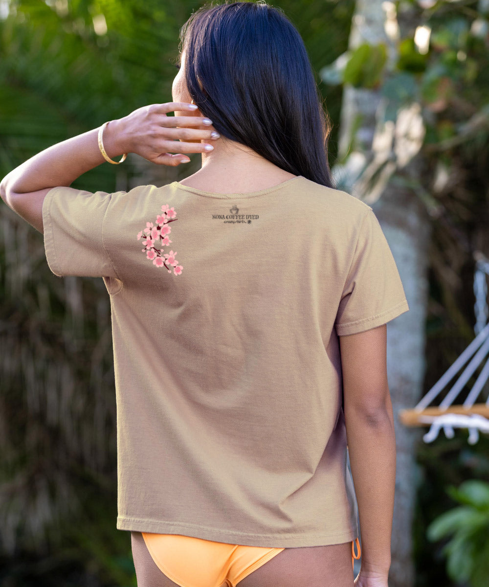 Cherry Blossom Branch - Kona Coffee Dyed Short Sleeve Scoop Neck T-Shirt 3 Cherry Blossom Branch - Kona Coffee Dyed Short Sleeve Scoop Neck T-Shirt