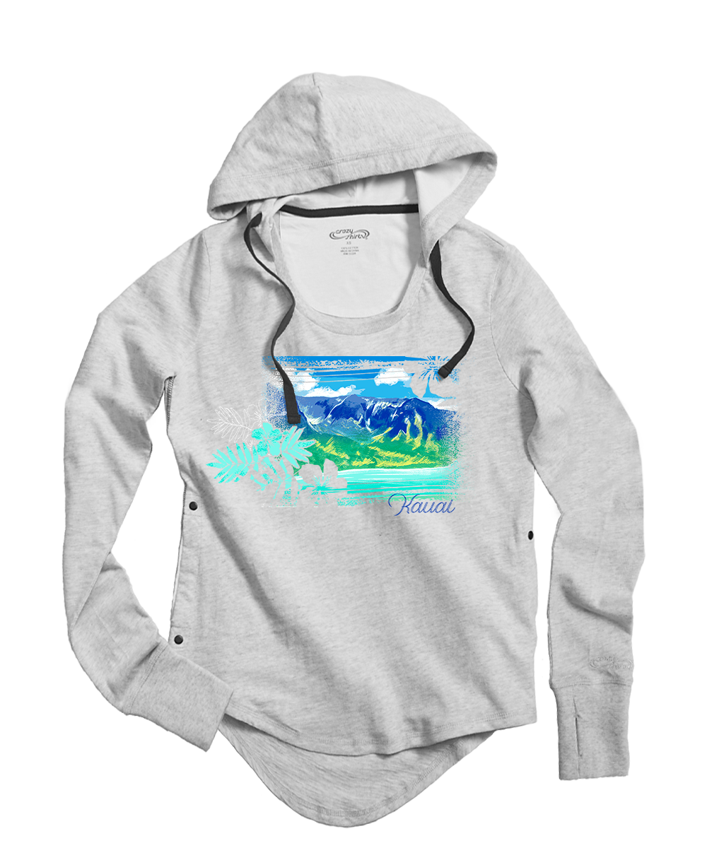 Coastal Beauty - White Gray Heather Long Sleeve Harmony Hooded T