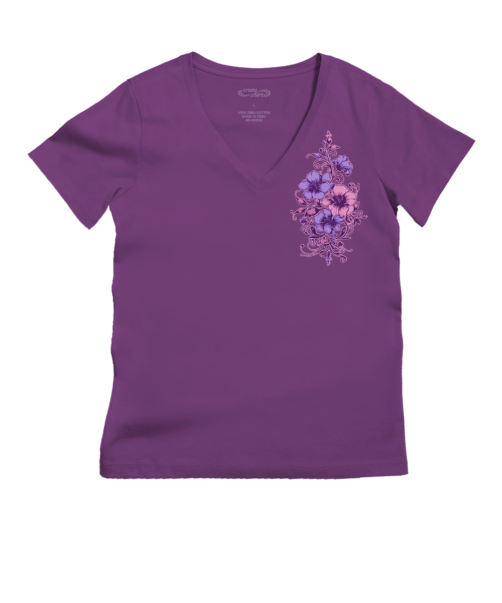 Floral Flourish - Violet Short Sleeve Pima V-Neck T-Shirt 1 Floral Flourish - Violet Short Sleeve Pima V-Neck T-Shirt