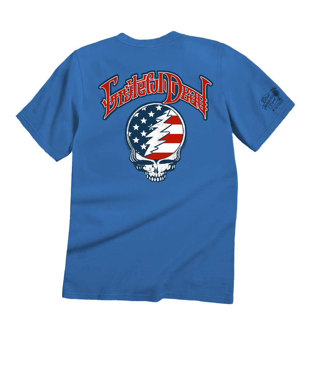 Grateful Dead American Flag - Blue Hawaii Dyed Short Sleeve Crewneck T-Shirt 1 Grateful Dead American Flag - Blue Hawaii Dyed Short Sleeve Crewneck T-Shirt