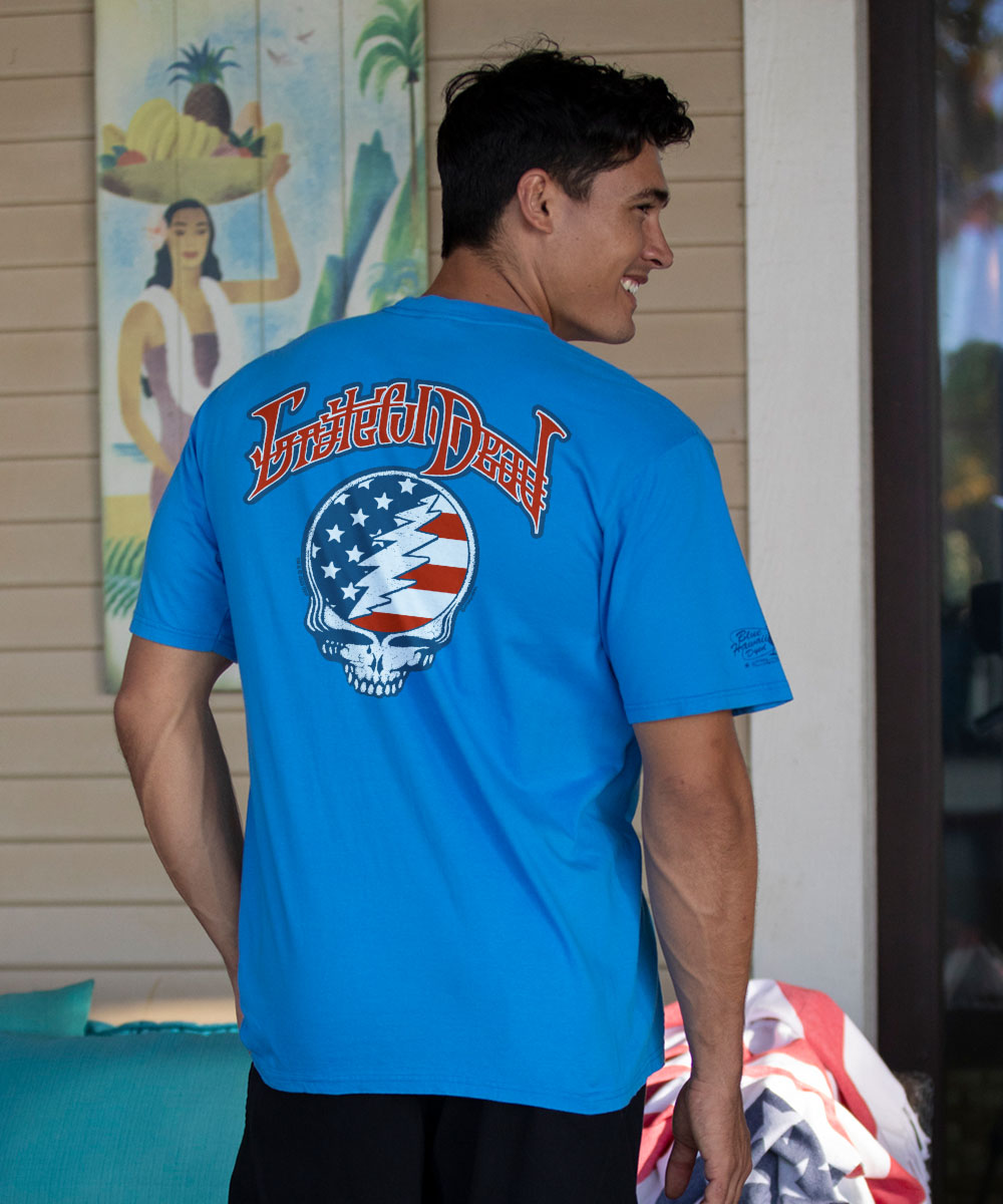 Grateful Dead American Flag - Blue Hawaii Dyed Short Sleeve Crewneck T-Shirt 2 Grateful Dead American Flag - Blue Hawaii Dyed Short Sleeve Crewneck T-Shirt