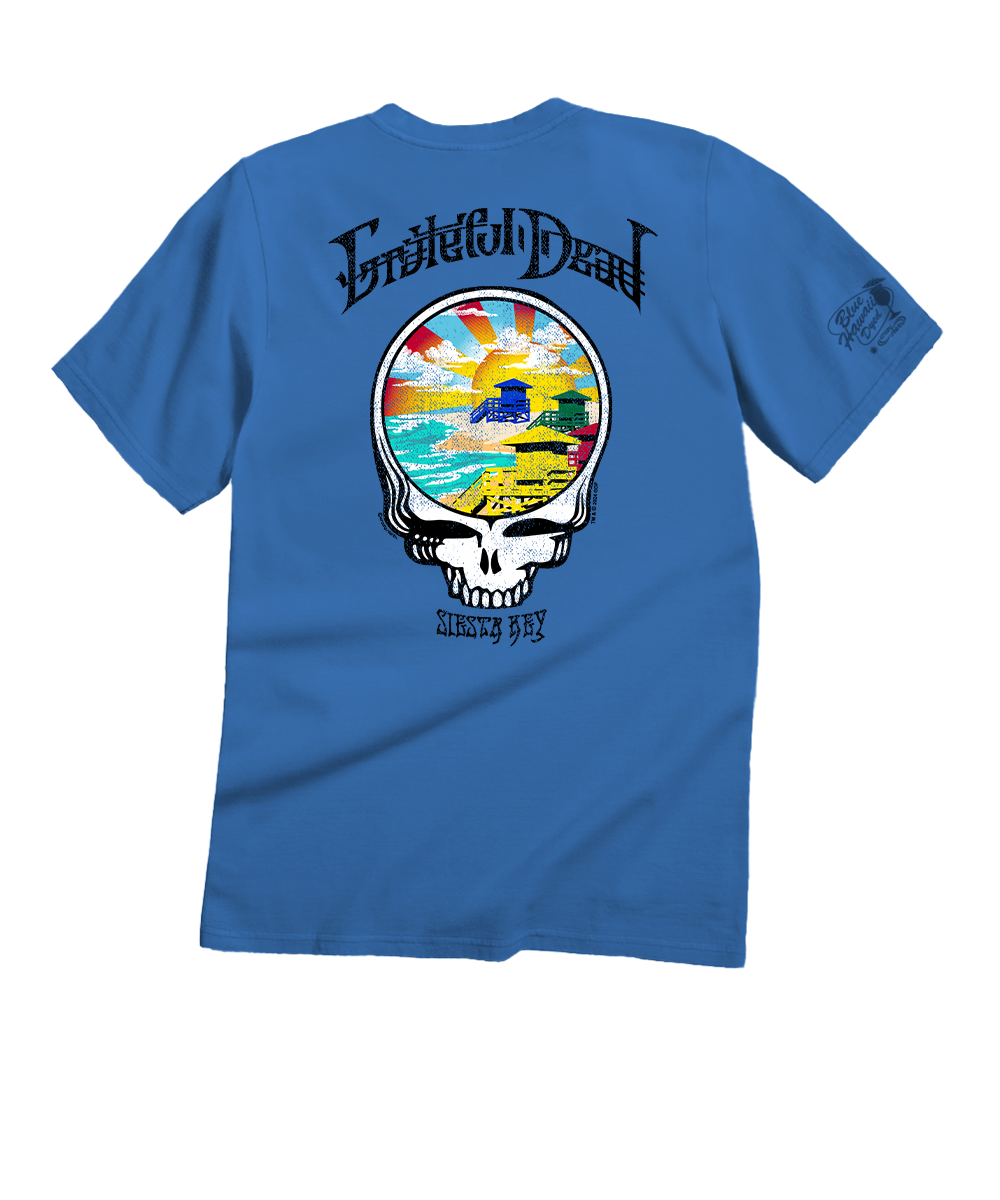 Grateful Dead Lifeguard Towers - Blue Hawaii Dyed Short Sleeve Crewneck T-Shirt 1 Grateful Dead Lifeguard Towers - Blue Hawaii Dyed Short Sleeve Crewneck T-Shirt