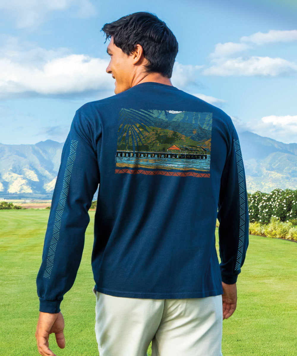 Hanalei Pier - Navy Long Sleeve Crewneck T-Shirt 2 Hanalei Pier - Navy Long Sleeve Crewneck T-Shirt