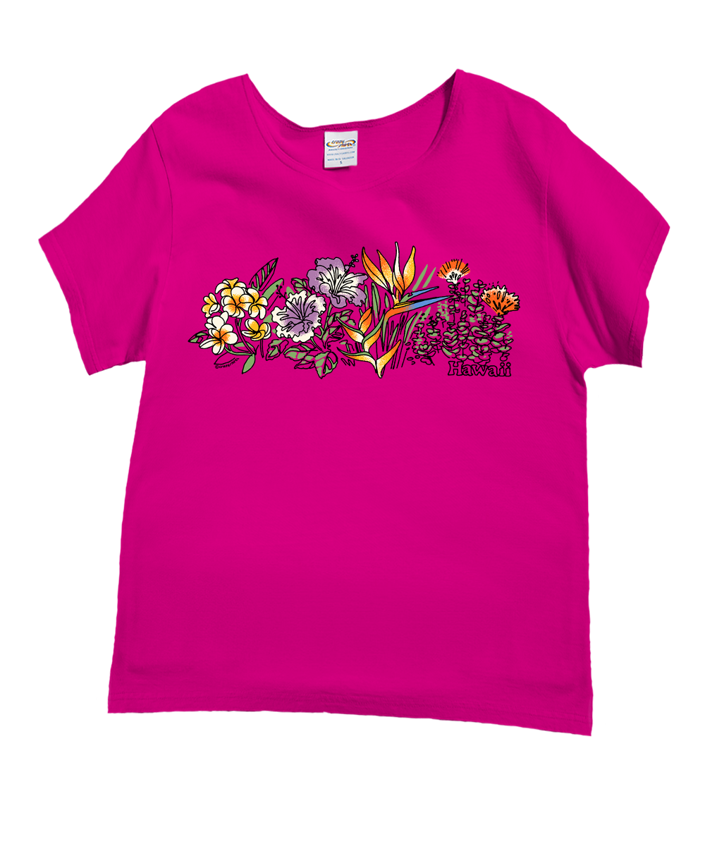 Hawaii Florals - Berry Short Sleeve Scoop Neck T-Shirt