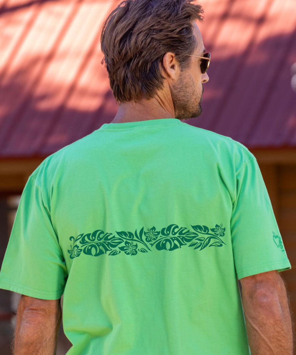 Hawaiian Floral Band - Green Apple Dyed Short Sleeve Crewneck T-Shirt 3 Hawaiian Floral Band - Green Apple Dyed Short Sleeve Crewneck T-Shirt