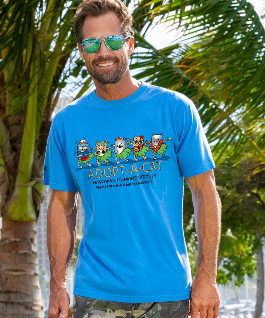 Hawaiian Humane Society Meow Halau - Blue Hawaii Dyed Short Sleeve Crewneck T-Shirt 2 Hawaiian Humane Society Meow Halau - Blue Hawaii Dyed Short Sleeve Crewneck T-Shirt