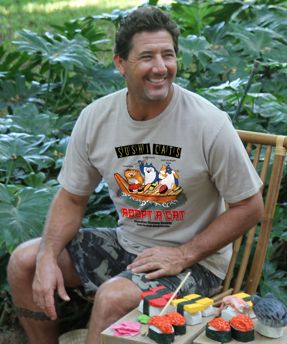 Hawaiian Humane Society Sushi Cats - Kona Coffee Dyed Short Sleeve Crewneck T-Shirt 2 Hawaiian Humane Society Sushi Cats - Kona Coffee Dyed Short Sleeve Crewneck T-Shirt