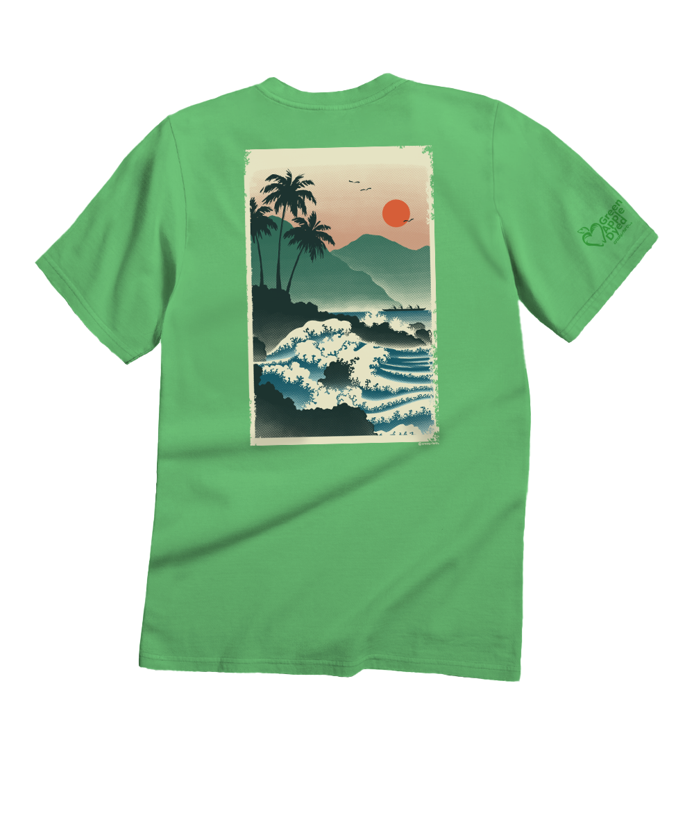 Hawaiian Ukiyo Scenic - Green Apple Dyed Short Sleeve Crewneck T-Shirt
