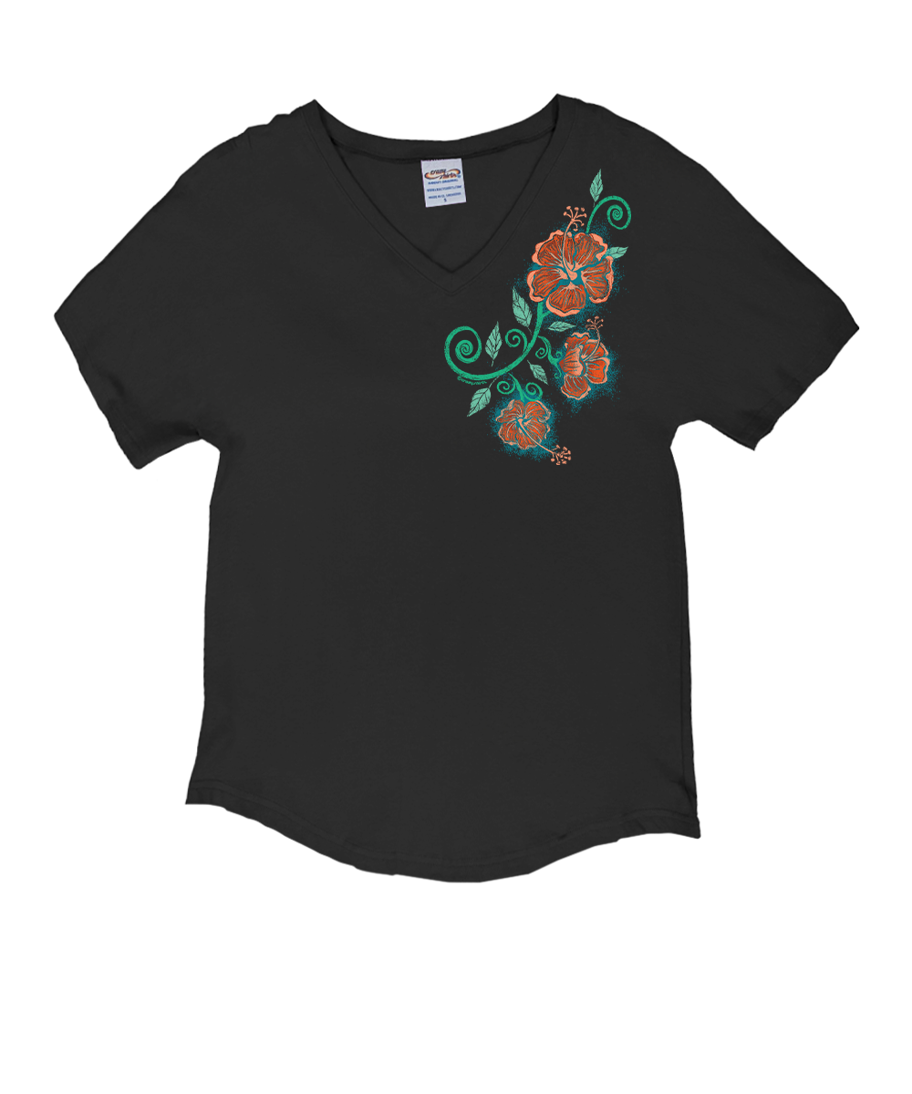 Hibiscus Floral - Charcoal Short Sleeve Dolman V-Neck Tee