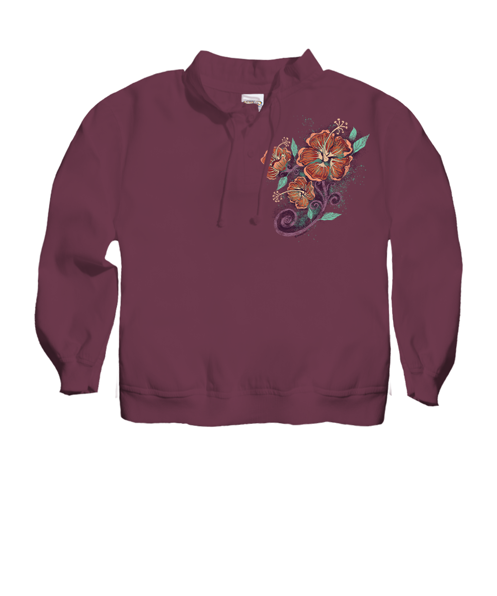 Hibiscus Floral Cascade - Wine Dyed Long Sleeve Lightweight Pullover 1 Hibiscus Floral Cascade - Wine Dyed Long Sleeve Lightweight Pullover
