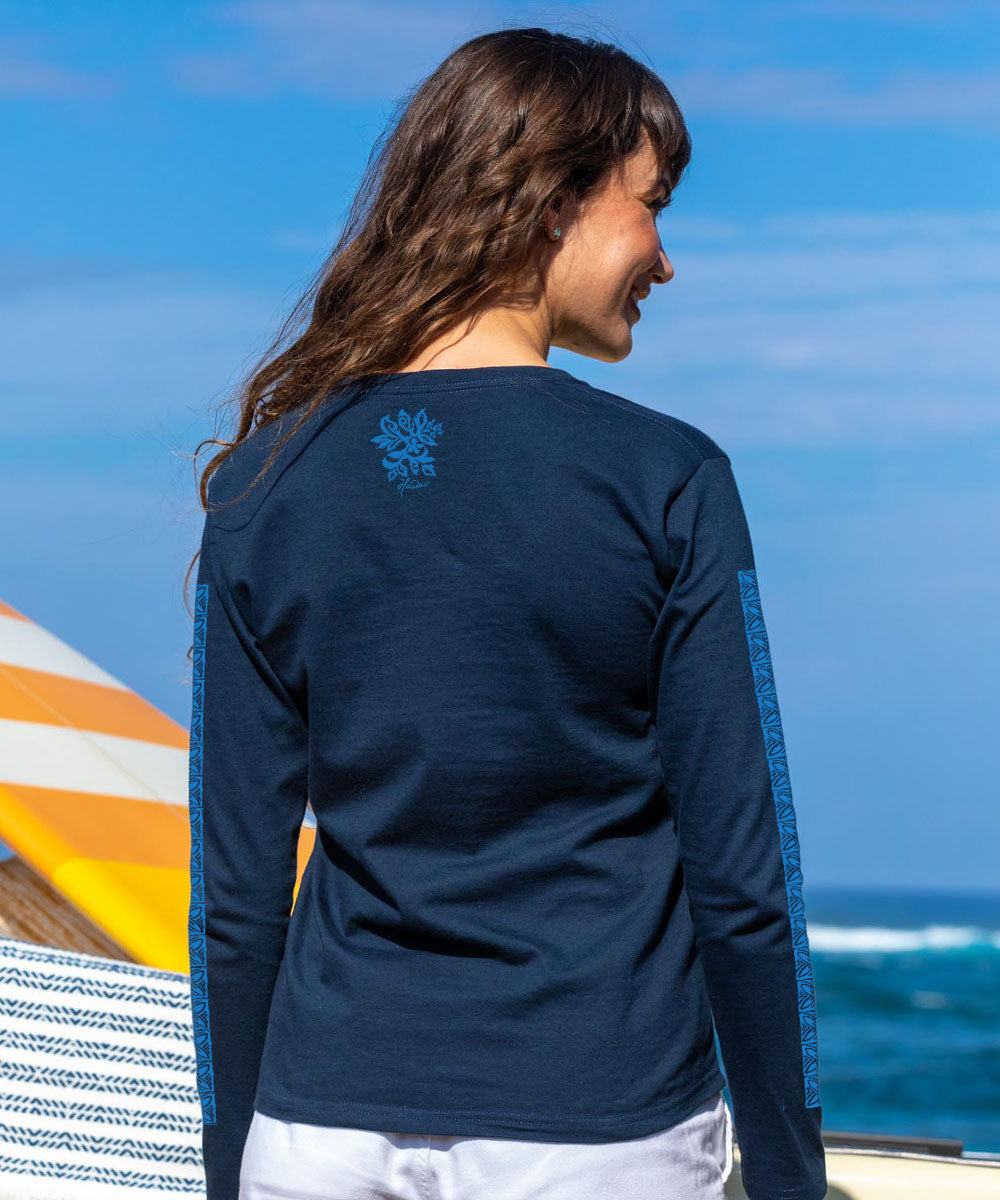 Hinatea Cascade - Navy Long Sleeve Crewneck T-Shirt 3 Hinatea Cascade - Navy Long Sleeve Crewneck T-Shirt