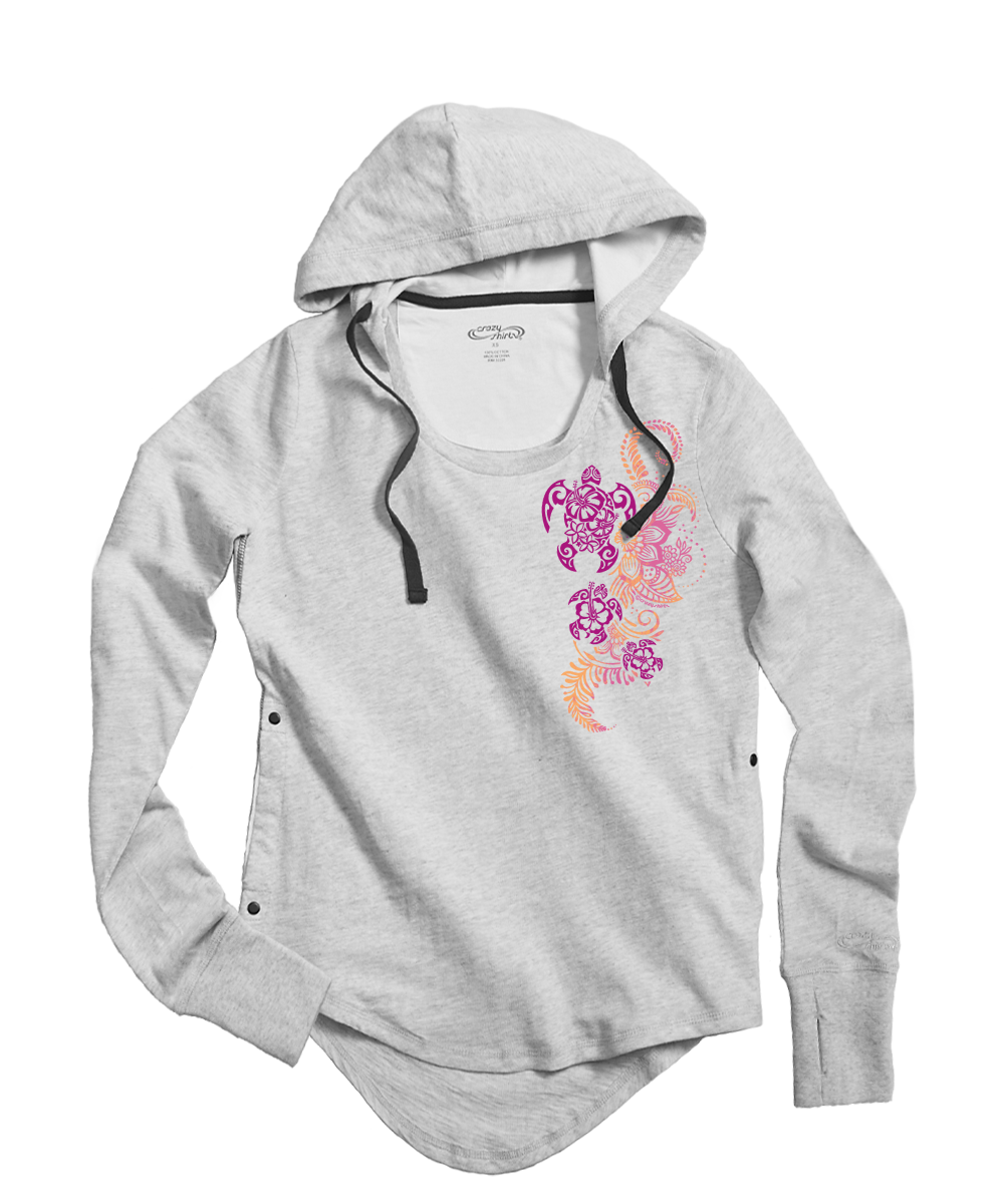 Honu Current - White Grey Heather Long Sleeve Harmony Hooded T