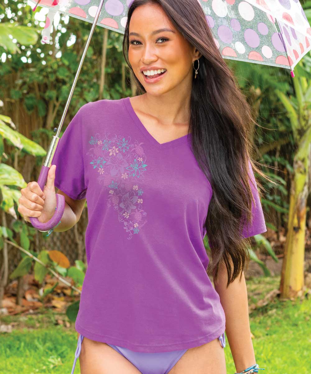 Honu Floral Sketch - Violet Short Sleeve Dolman V-Neck Tee 2 Honu Floral Sketch - Violet Short Sleeve Dolman V-Neck Tee