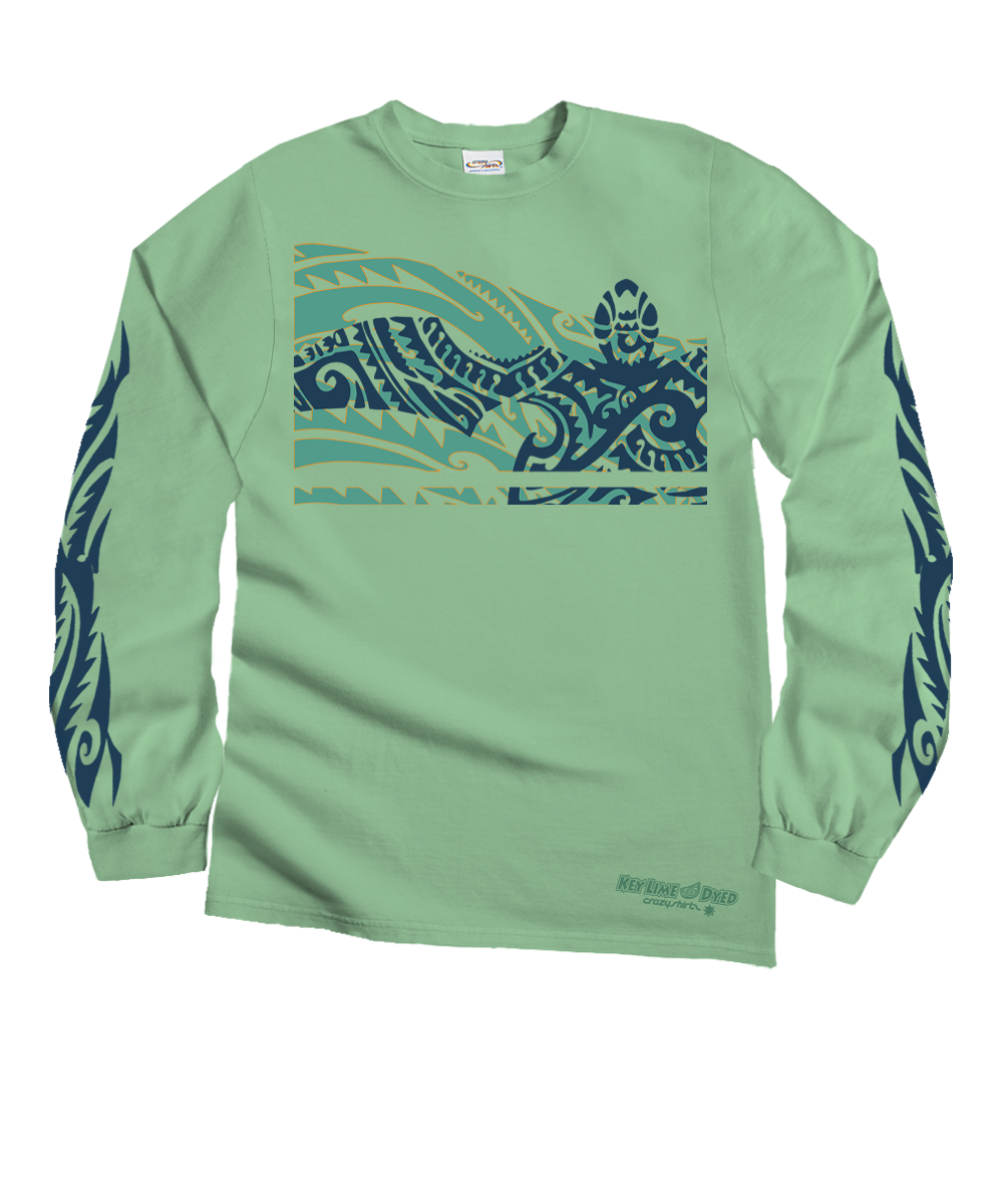 Honu Tribal Mauka - Key Lime Dyed Long Sleeve Crewneck T-Shirt