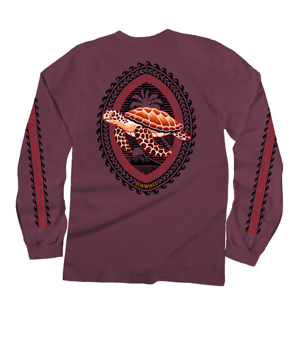 Honu Tribal Woodcut - Wine Dyed Long Sleeve Crewneck T-Shirt