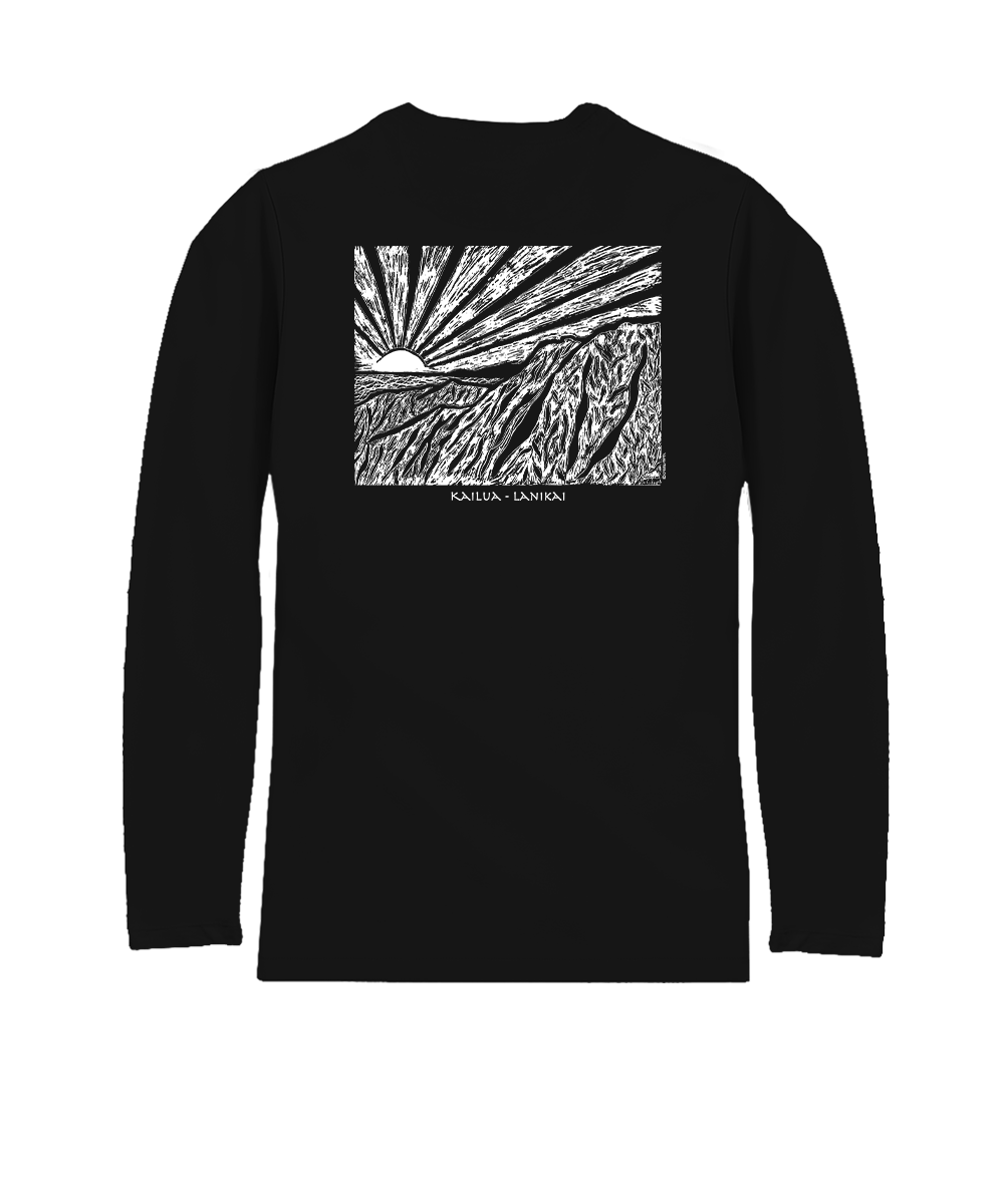 Kailua Lanikai Woodcut - Jet Black Long Sleeve Pima T-Shirt