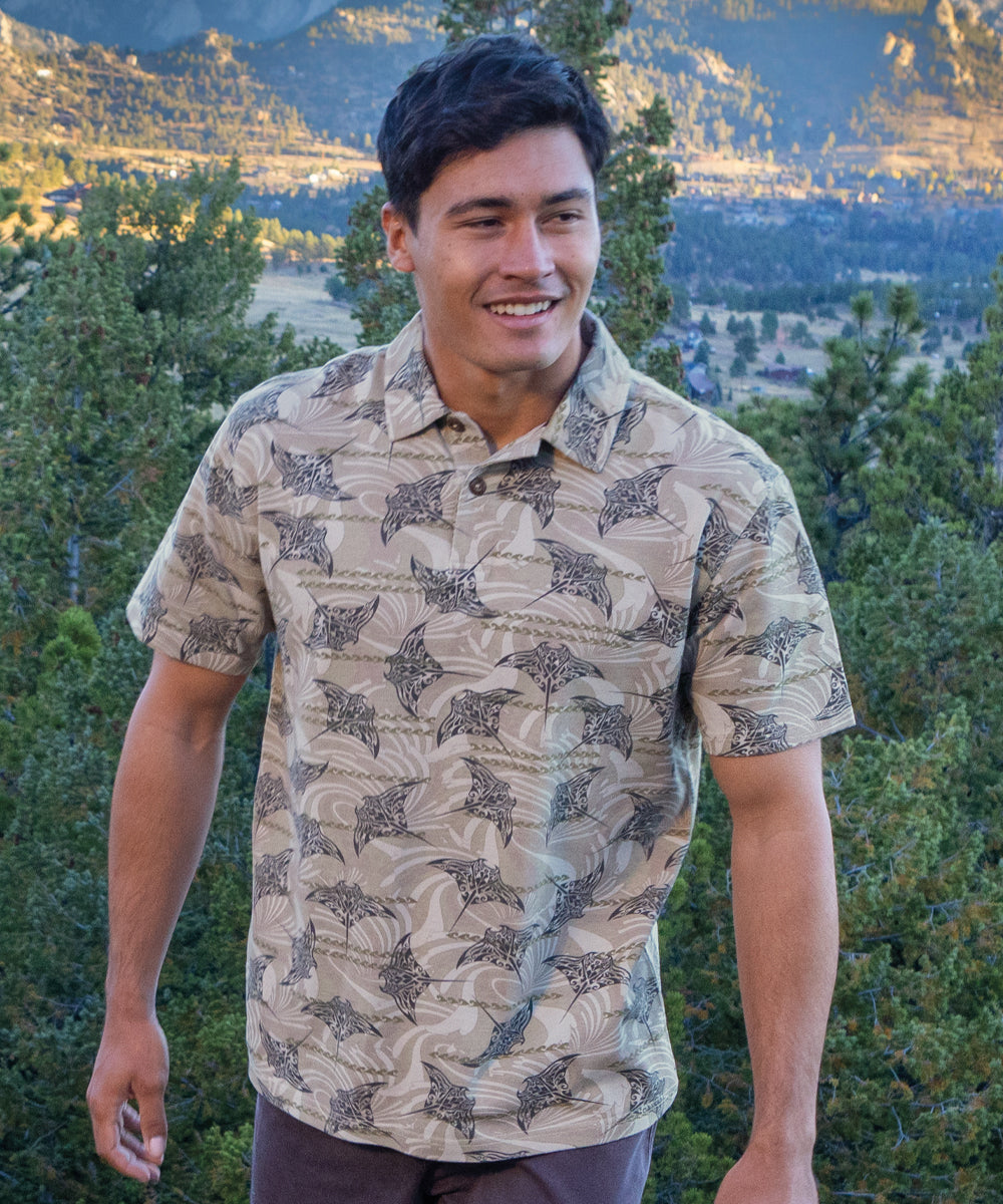 Manta Current - Tan Short Sleeve Hawaiian Polo Shirt 1 Manta Current - Tan Short Sleeve Hawaiian Polo Shirt