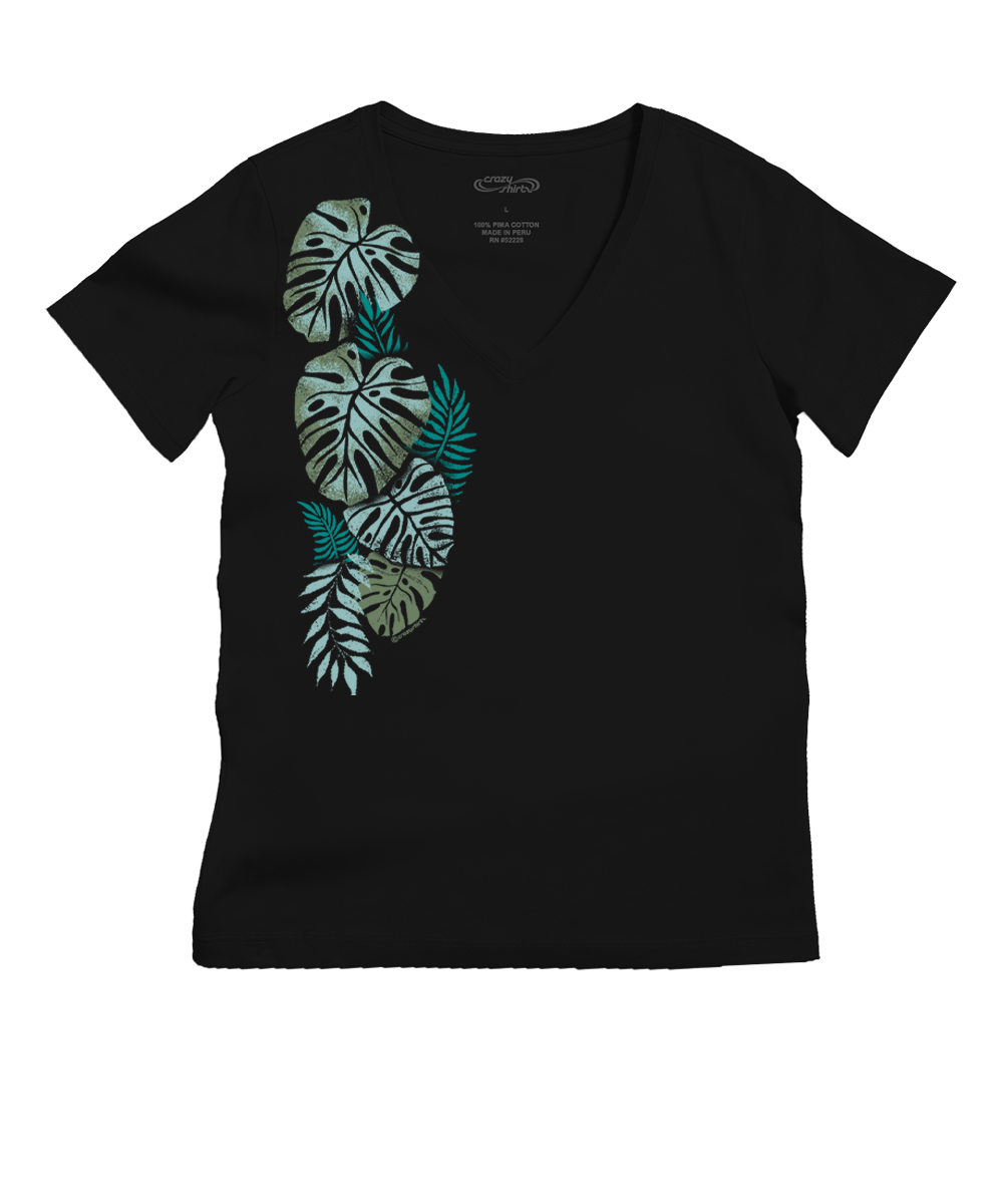 Misty Monstera - Jet Black Short Sleeve Pima V-Neck T-Shirt