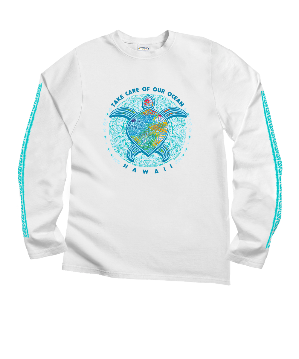 Ocean Blue - White Long Sleeve Crewneck T-Shirt 1 Ocean Blue - White Long Sleeve Crewneck T-Shirt