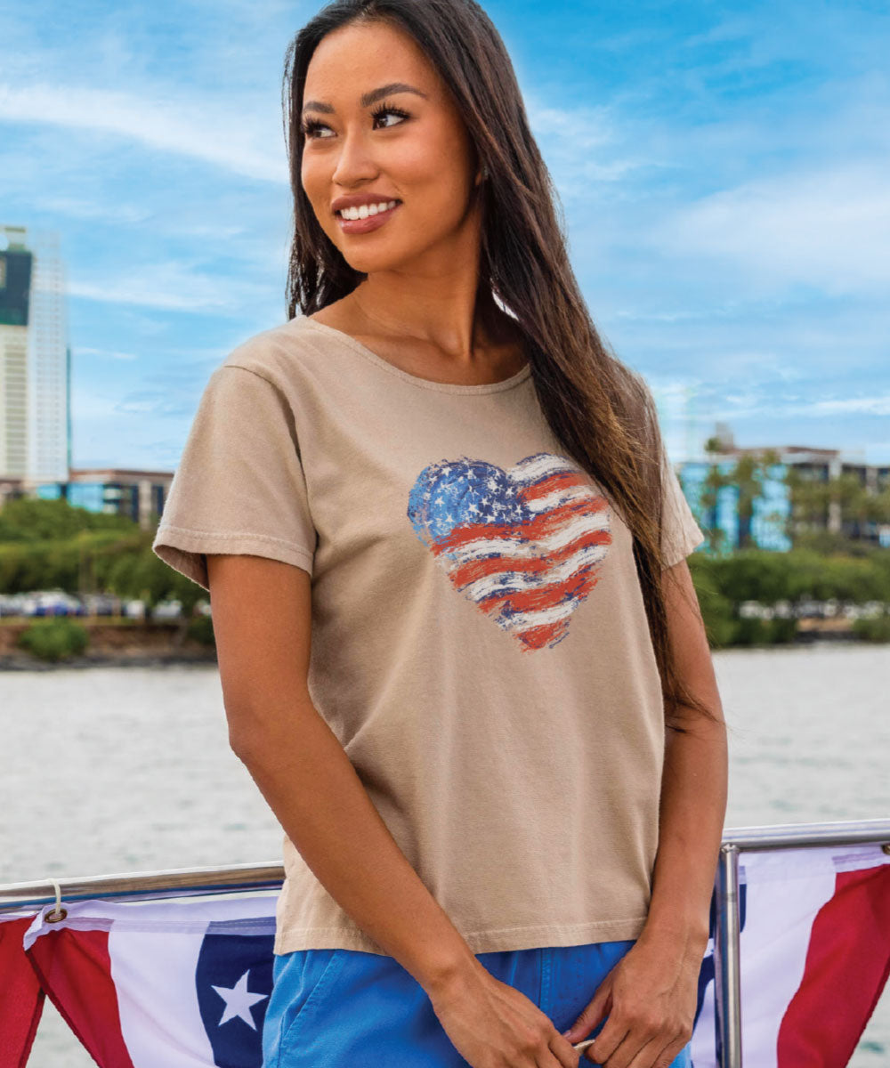 Painted Heart Flag - Kona Coffee Dyed Short Sleeve Scoop Neck T-Shirt 2 Painted Heart Flag - Kona Coffee Dyed Short Sleeve Scoop Neck T-Shirt