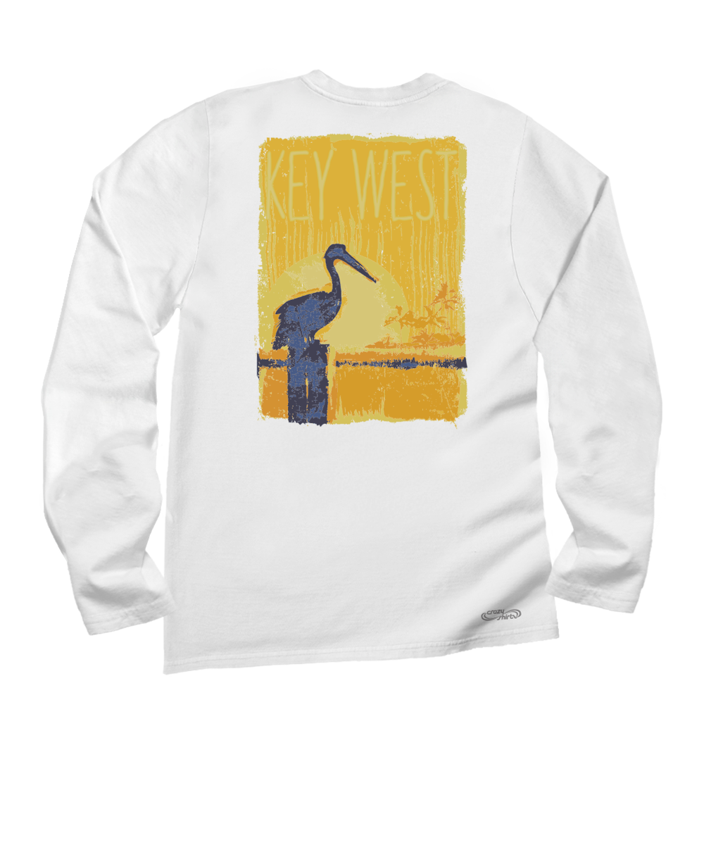 Painted Pelican - White Long Sleeve Crewneck T-Shirt