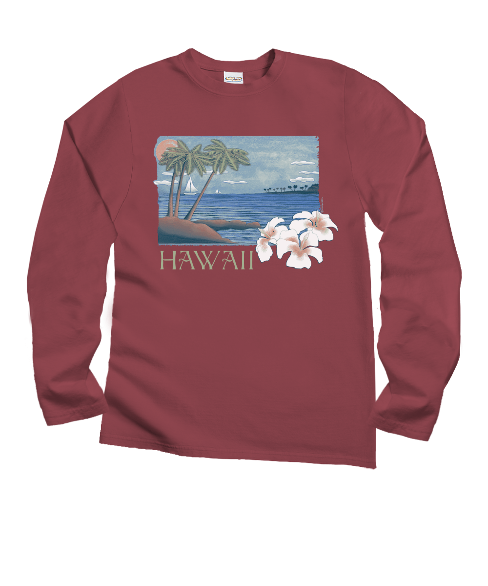 Palm Hibiscus - Paradise Red Dyed Long Sleeve Crewneck T-Shirt