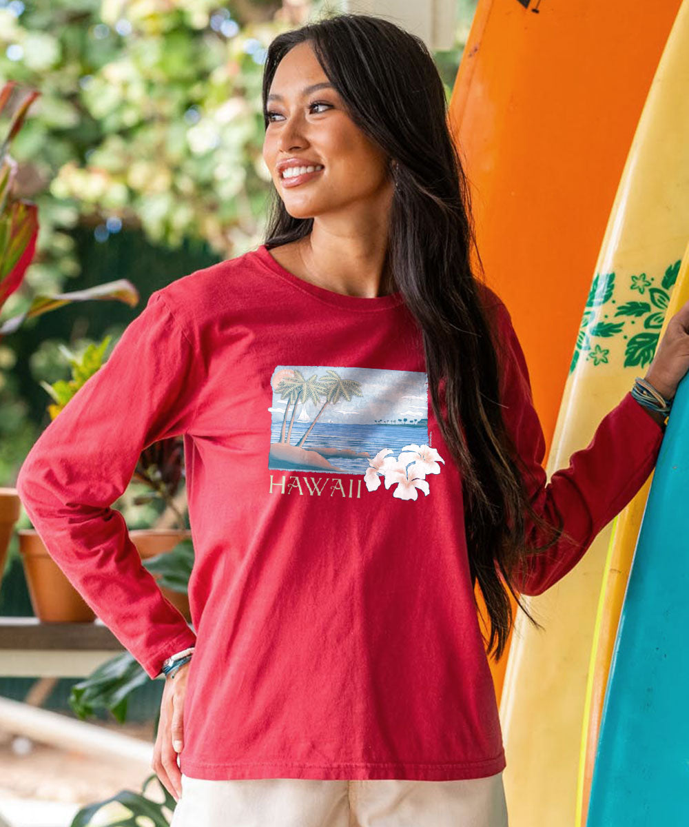 Palm Hibiscus - Paradise Red Dyed Long Sleeve Crewneck T-Shirt 2 Palm Hibiscus - Paradise Red Dyed Long Sleeve Crewneck T-Shirt