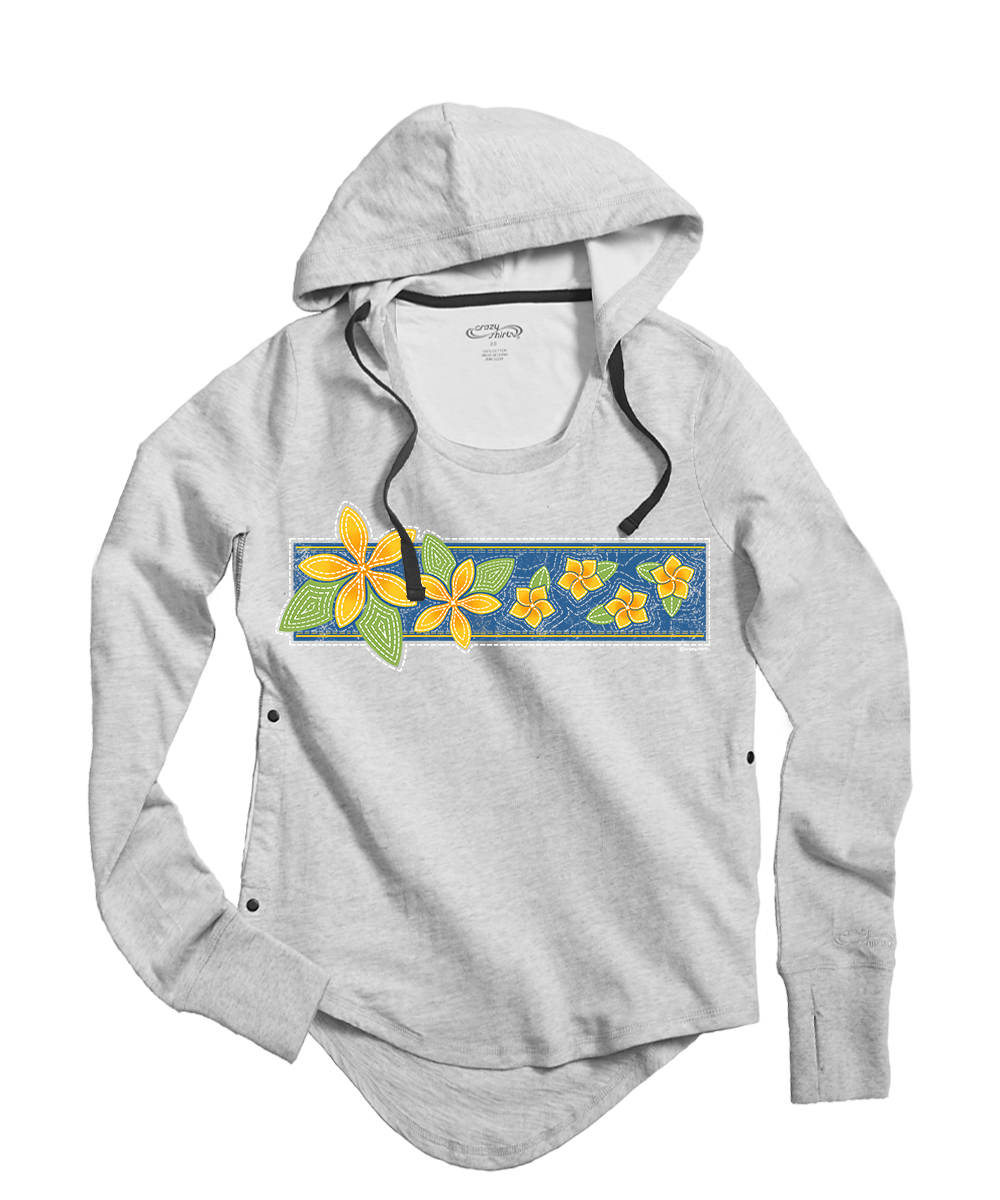 Plumeria Quilt Band - White Gray Heather Long Sleeve Harmony Hooded T