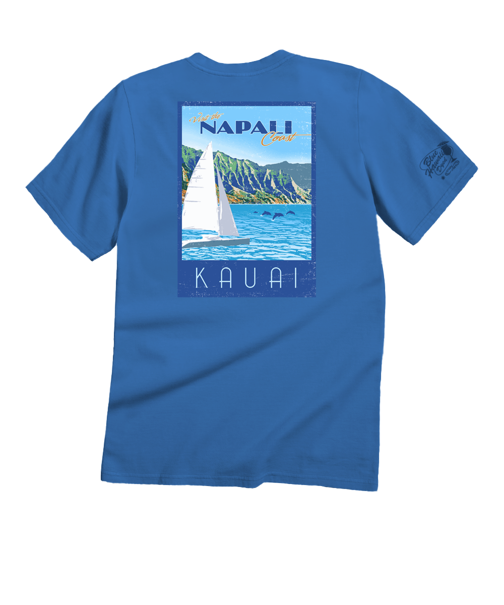 Retro Napali Poster - Blue Hawaii Dyed Short Sleeve Crewneck T-Shirt 1 Retro Napali Poster - Blue Hawaii Dyed Short Sleeve Crewneck T-Shirt