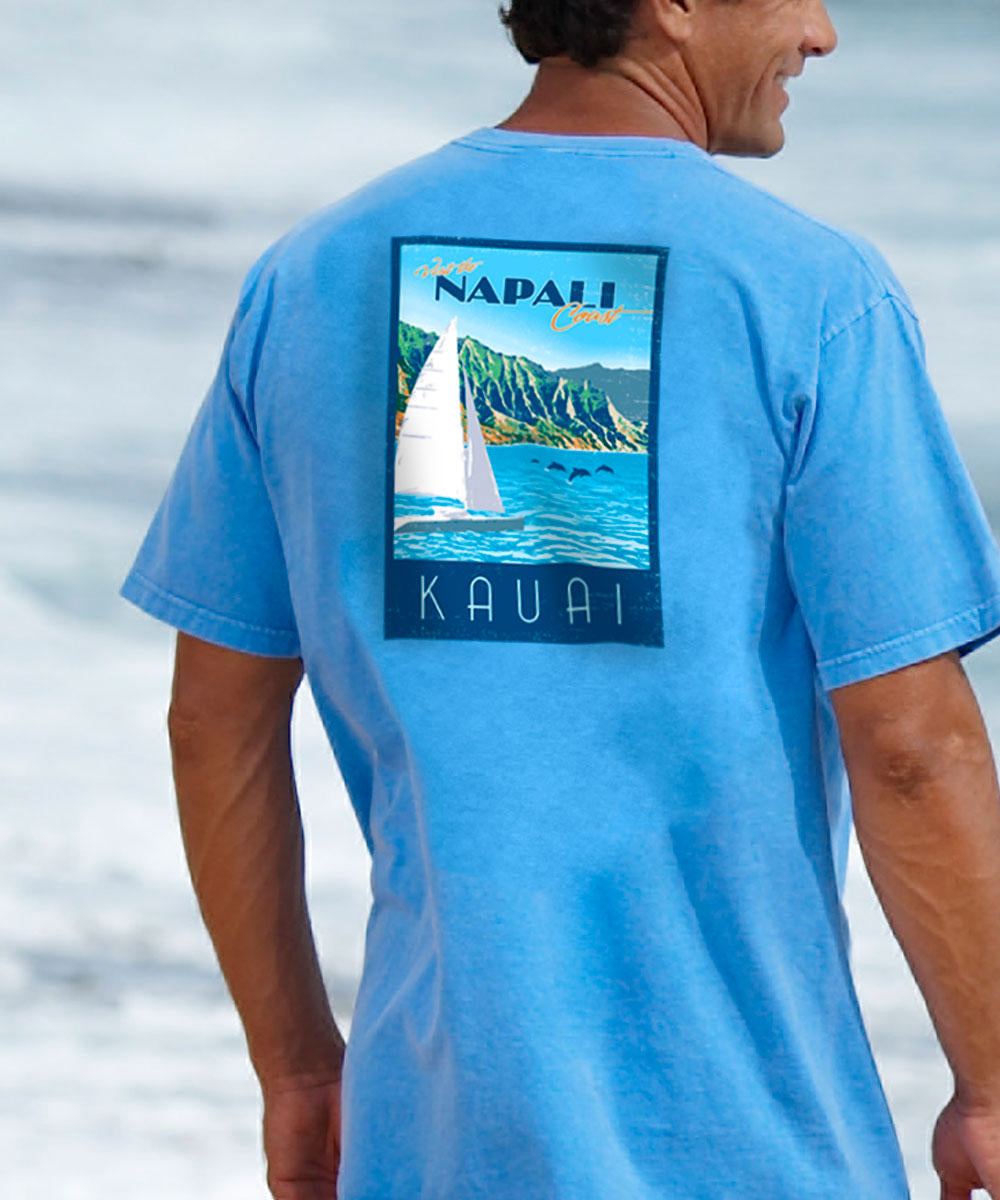 Retro Napali Poster - Blue Hawaii Dyed Short Sleeve Crewneck T-Shirt 2 Retro Napali Poster - Blue Hawaii Dyed Short Sleeve Crewneck T-Shirt