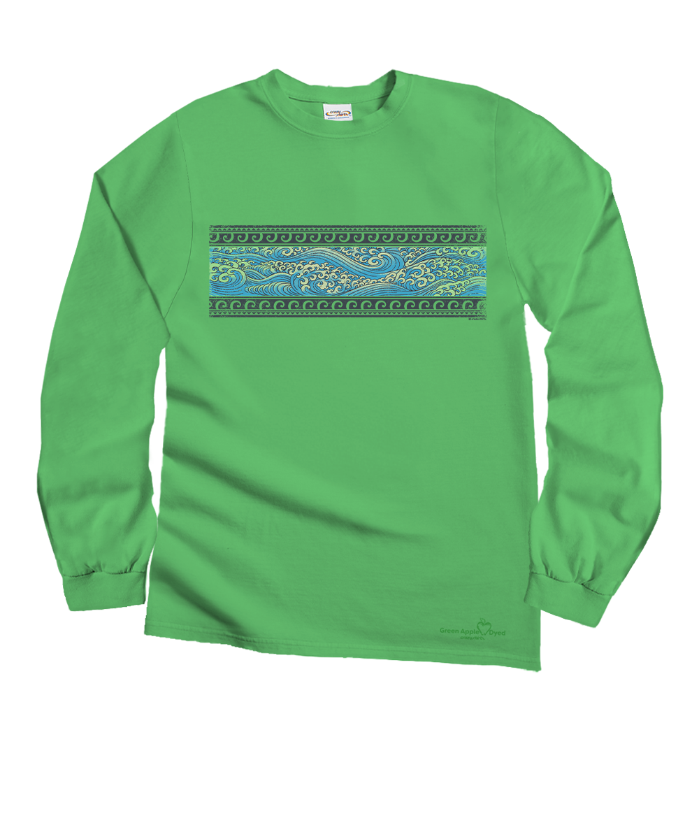 Sketch Wave Band - Green Apple Dyed Long Sleeve Crewneck T-Shirt