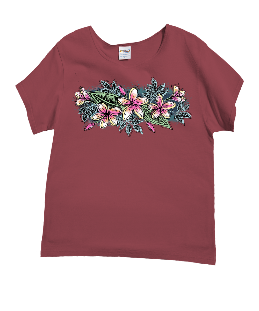 Sketchy Plumeria - Paradise Red Dyed Short Sleeve Scoop Neck T-Shirt 1 Sketchy Plumeria - Paradise Red Dyed Short Sleeve Scoop Neck T-Shirt