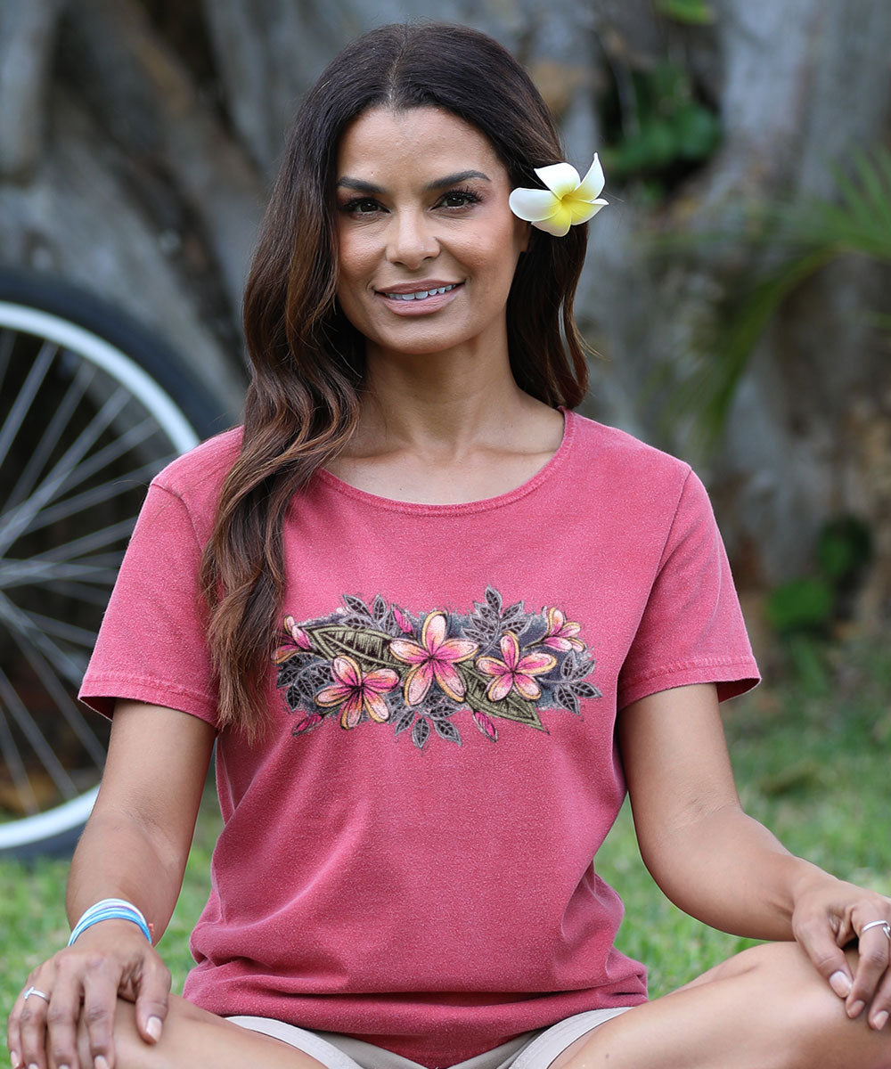 Sketchy Plumeria - Paradise Red Dyed Short Sleeve Scoop Neck T-Shirt 2 Sketchy Plumeria - Paradise Red Dyed Short Sleeve Scoop Neck T-Shirt