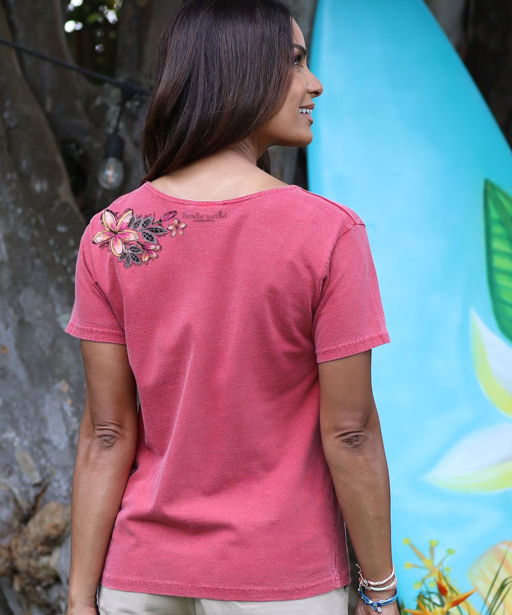 Sketchy Plumeria - Paradise Red Dyed Short Sleeve Scoop Neck T-Shirt 3 Sketchy Plumeria - Paradise Red Dyed Short Sleeve Scoop Neck T-Shirt