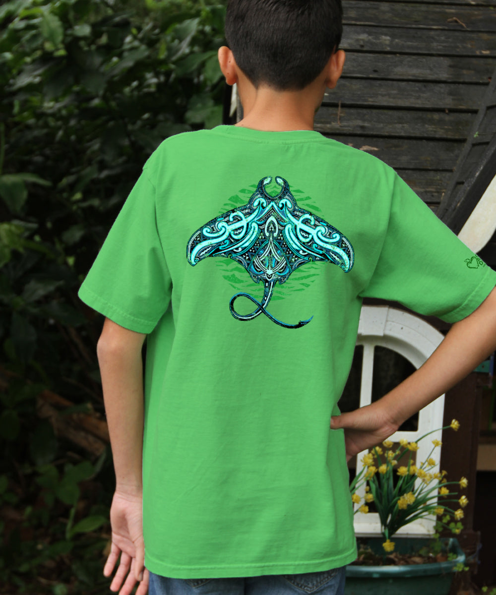 Tribal Blue Manta - Green Apple Dyed Short Sleeve Crewneck T-Shirt 2 Tribal Blue Manta - Green Apple Dyed Short Sleeve Crewneck T-Shirt