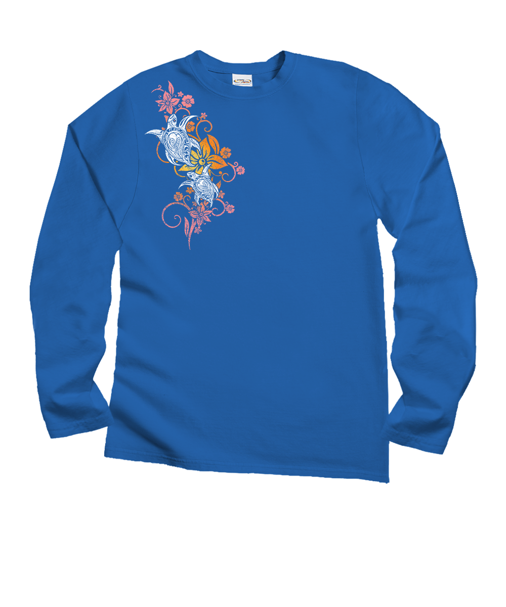 Tribal Floral Turtle - Blue Hawaii Dyed Long Sleeve Crewneck T-Shirt 1 Tribal Floral Turtle - Blue Hawaii Dyed Long Sleeve Crewneck T-Shirt