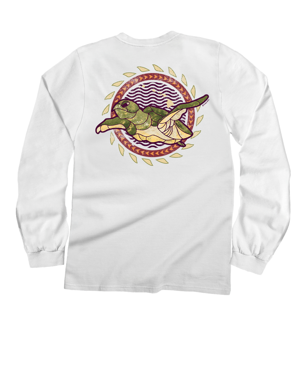 Tribal Honu Circle - White Long Sleeve Crewneck T-Shirt