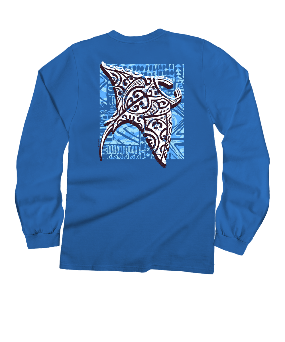 Tribal Manta Block - Blue Hawaii Dyed Long Sleeve Crewneck T-Shirt 1 Tribal Manta Block - Blue Hawaii Dyed Long Sleeve Crewneck T-Shirt