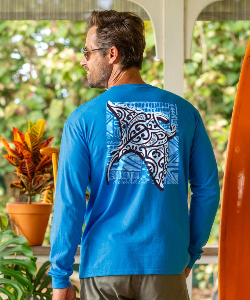 Tribal Manta Block - Blue Hawaii Dyed Long Sleeve Crewneck T-Shirt 2 Tribal Manta Block - Blue Hawaii Dyed Long Sleeve Crewneck T-Shirt