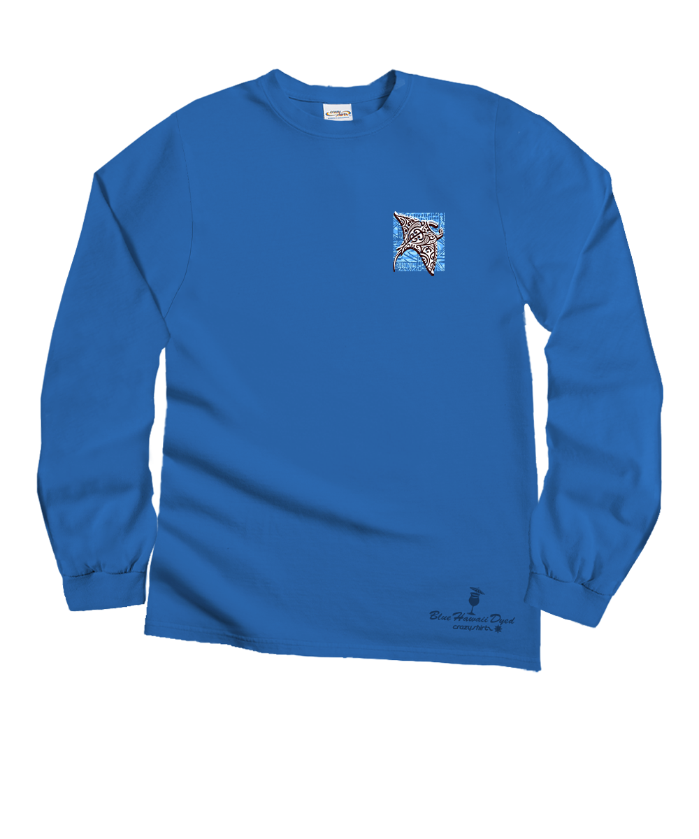 Tribal Manta Block - Blue Hawaii Dyed Long Sleeve Crewneck T-Shirt 4 Tribal Manta Block - Blue Hawaii Dyed Long Sleeve Crewneck T-Shirt