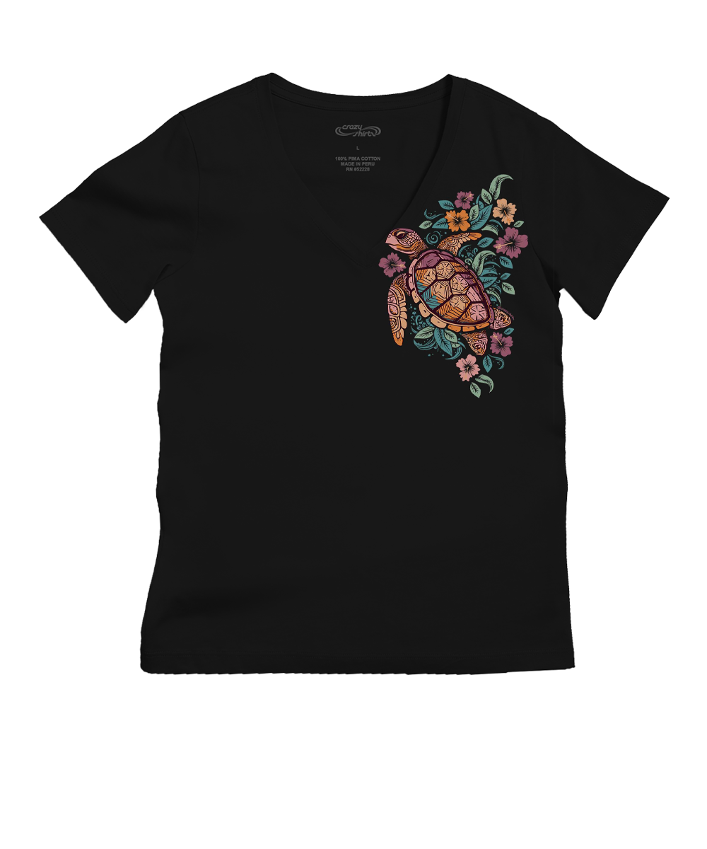 Tropical Floral Turtle - Jet Black Short Sleeve Pima V-Neck T-Shirt 1 Tropical Floral Turtle - Jet Black Short Sleeve Pima V-Neck T-Shirt