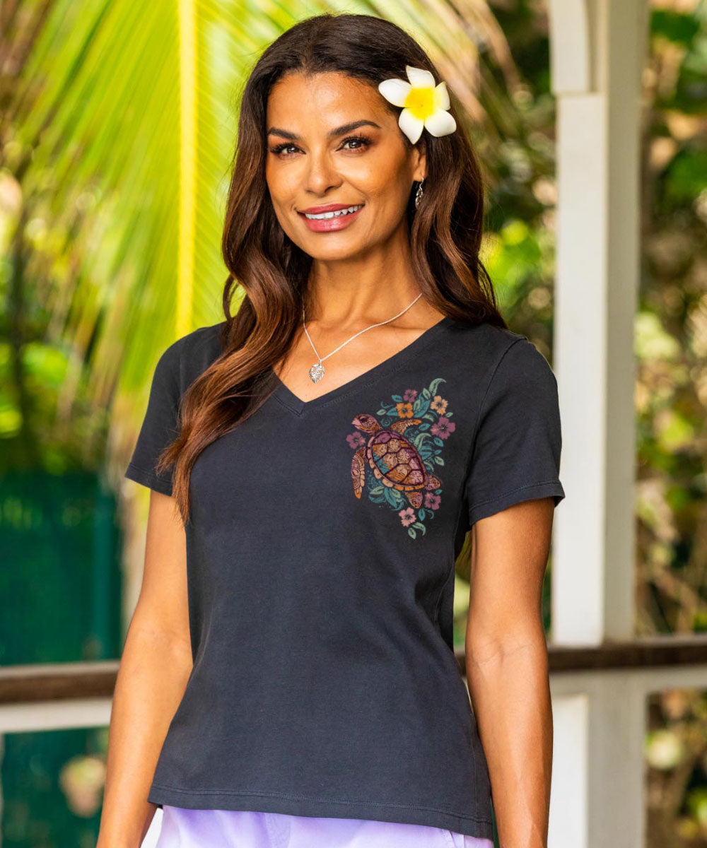 Tropical Floral Turtle - Jet Black Short Sleeve Pima V-Neck T-Shirt 2 Tropical Floral Turtle - Jet Black Short Sleeve Pima V-Neck T-Shirt