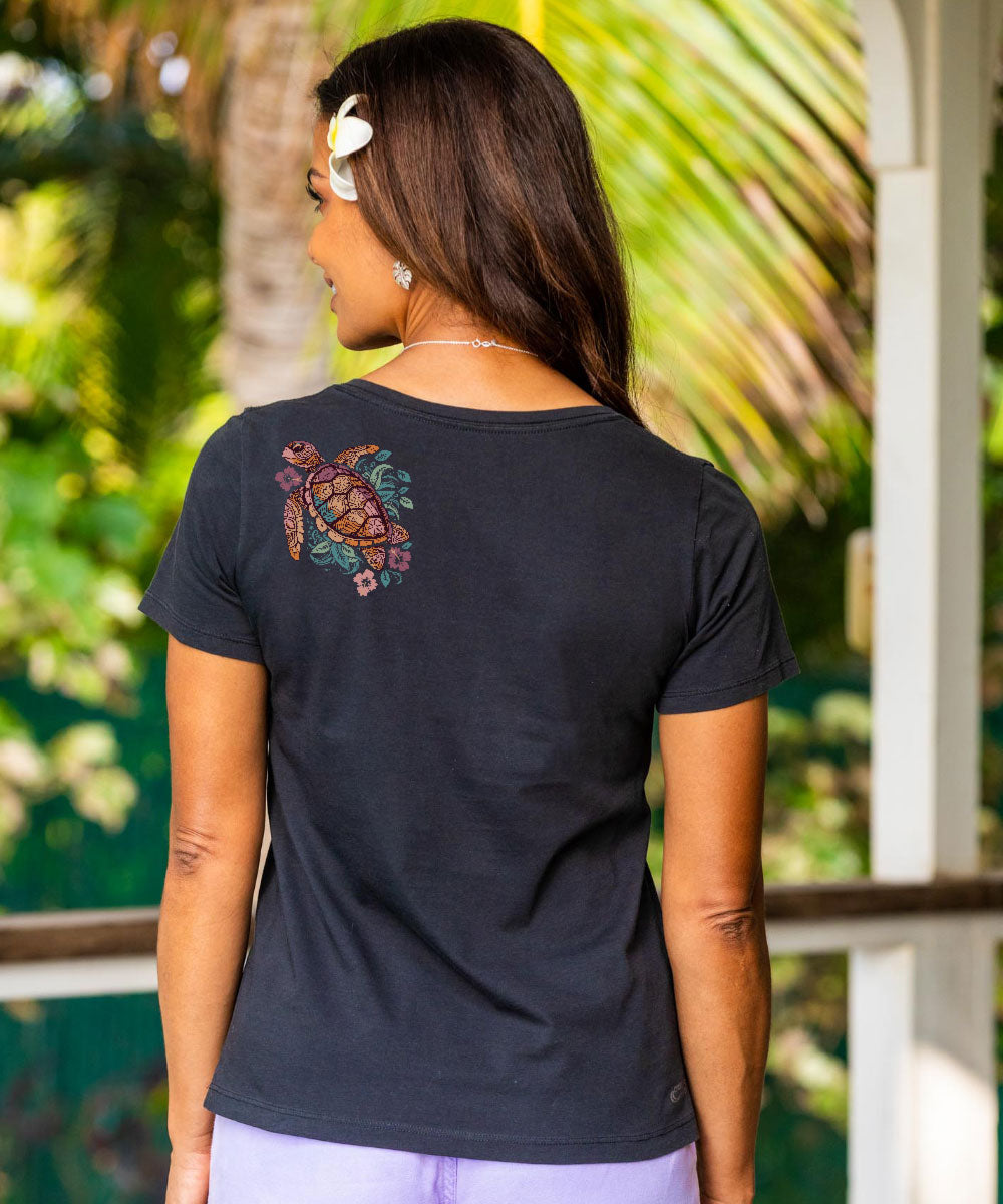 Tropical Floral Turtle - Jet Black Short Sleeve Pima V-Neck T-Shirt 3 Tropical Floral Turtle - Jet Black Short Sleeve Pima V-Neck T-Shirt