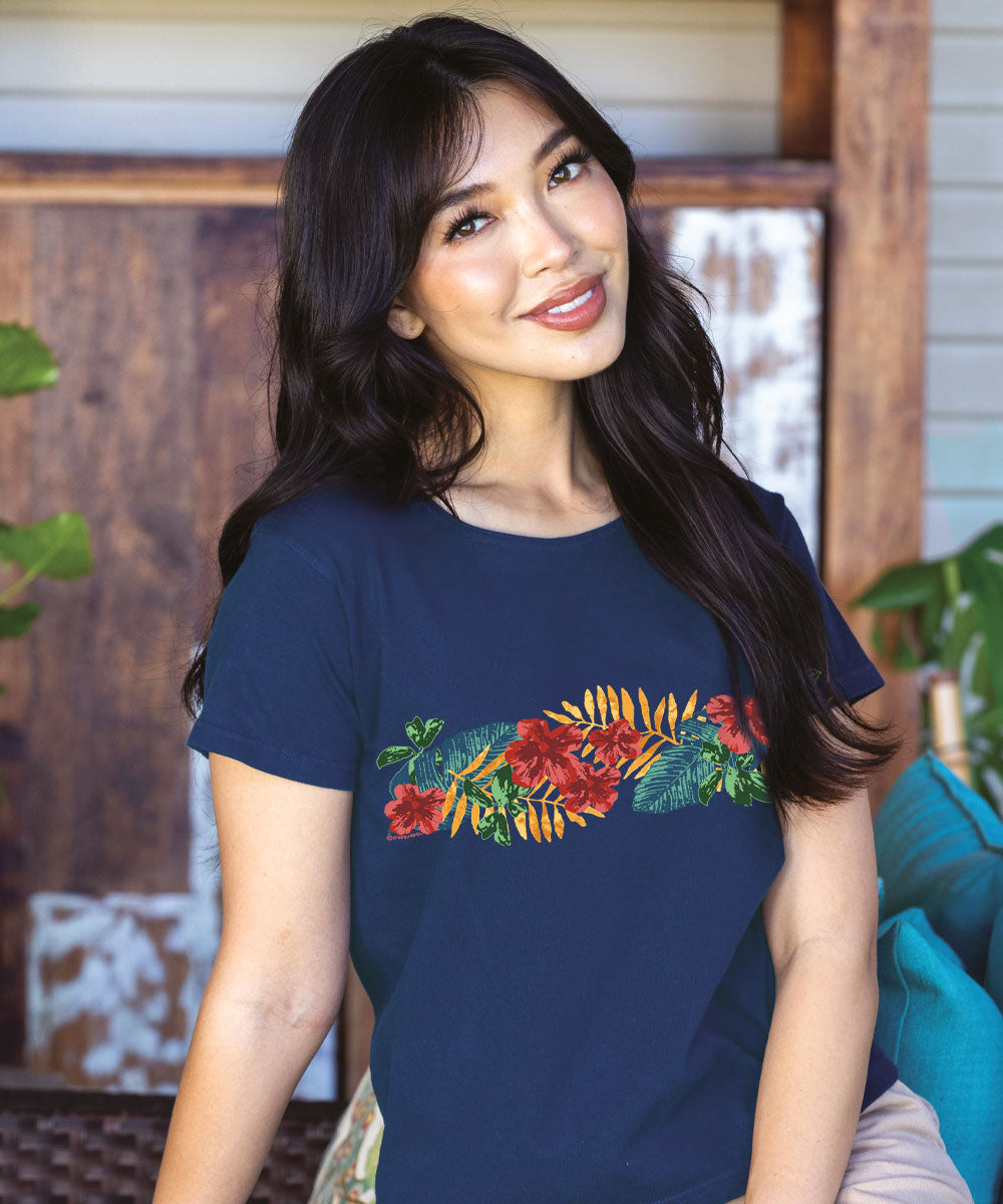 Tropical Leaves Band - Navy Short Sleeve Scoop Neck T-Shirt 2 Tropical Leaves Band - Navy Short Sleeve Scoop Neck T-Shirt