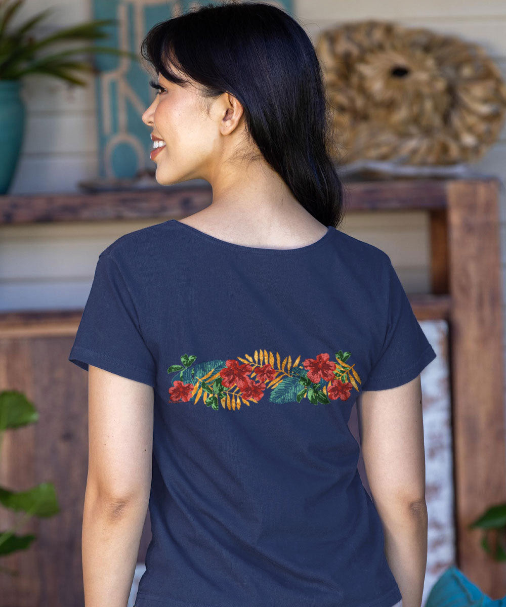 Tropical Leaves Band - Navy Short Sleeve Scoop Neck T-Shirt 3 Tropical Leaves Band - Navy Short Sleeve Scoop Neck T-Shirt