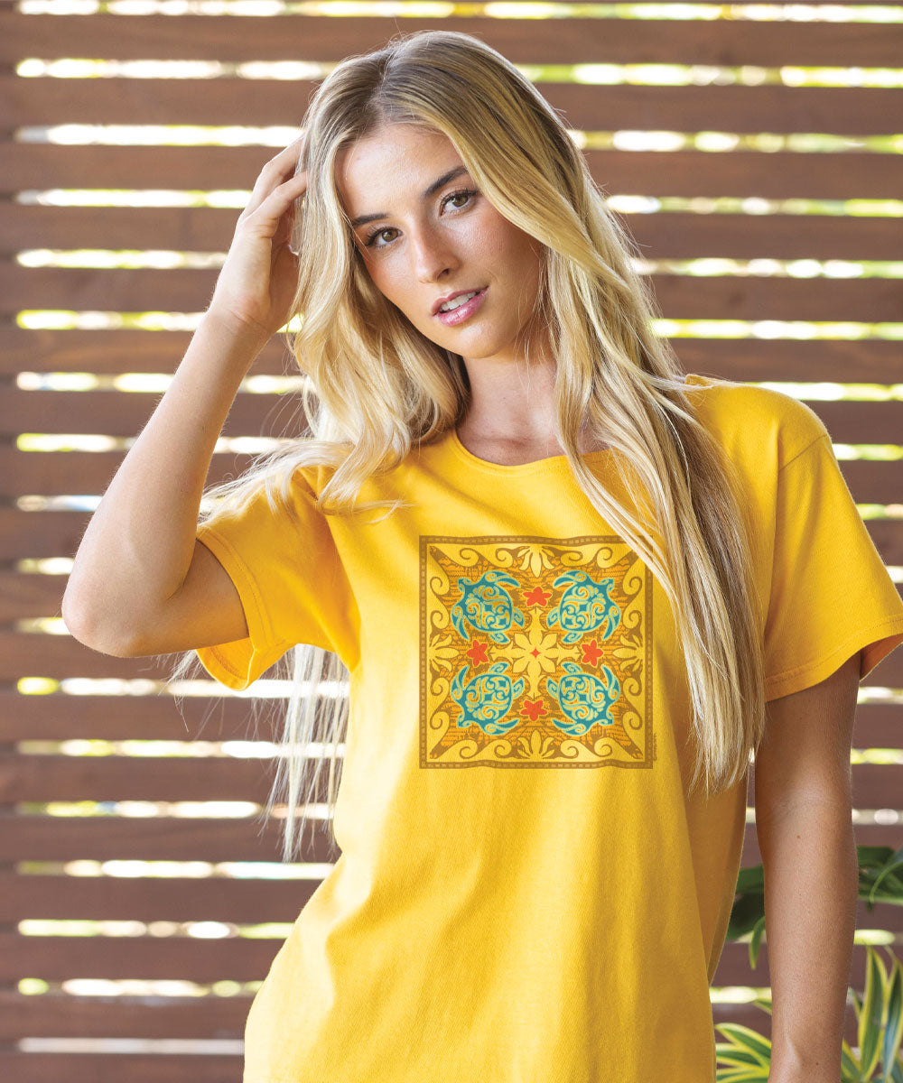 Tropical Reef Honu Quilt - Pineapple Dyed Short Sleeve Scoop Neck T-Shirt 2 Tropical Reef Honu Quilt - Pineapple Dyed Short Sleeve Scoop Neck T-Shirt