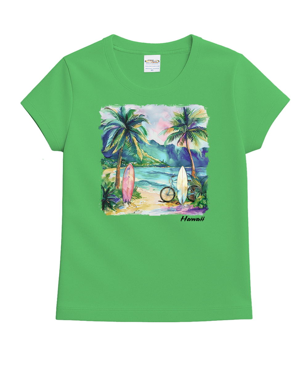 Tropical Watercolor Beach - Green Apple Dyed Short Sleeve Crewneck T-Shirt 1 Tropical Watercolor Beach - Green Apple Dyed Short Sleeve Crewneck T-Shirt